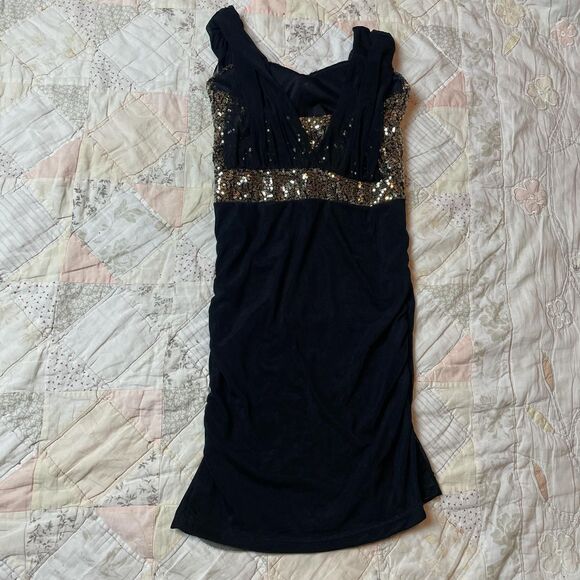 no brand y2k gold sequined black mini dress with rouched sides size small - Picture 5 of 7